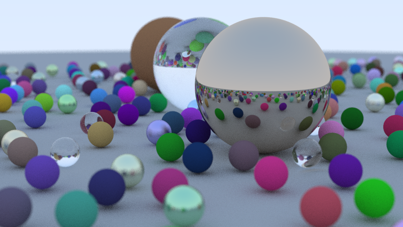 Path-traced render: a field of diffuse, metal, and glass spheres